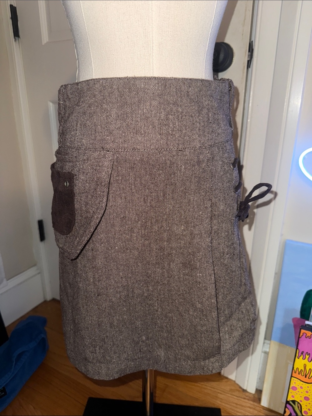Brown Wool-Blend Mini Skirt with Side Pocket